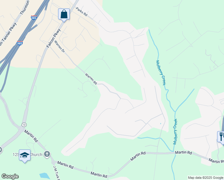 map of restaurants, bars, coffee shops, grocery stores, and more near 4149 Warren Road in Flowery Branch