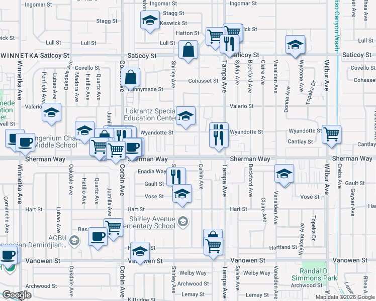 map of restaurants, bars, coffee shops, grocery stores, and more near 19431 Sherman Way in Reseda