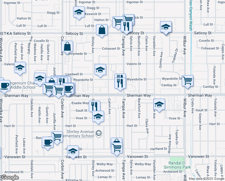 map of restaurants, bars, coffee shops, grocery stores, and more near 19355 Sherman Way in Los Angeles