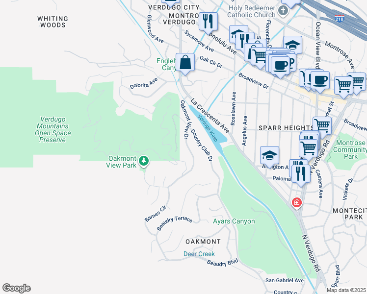 map of restaurants, bars, coffee shops, grocery stores, and more near 3417 Oakmont View Drive in Glendale