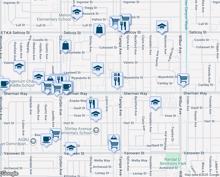 map of restaurants, bars, coffee shops, grocery stores, and more near 19355 Sherman Way in Los Angeles