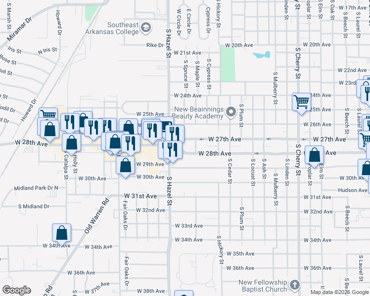 map of restaurants, bars, coffee shops, grocery stores, and more near 2007 West 28th Avenue in Pine Bluff