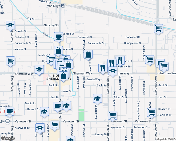 map of restaurants, bars, coffee shops, grocery stores, and more near 14239 Sherman Way in Los Angeles