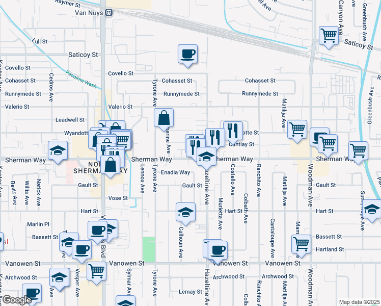 map of restaurants, bars, coffee shops, grocery stores, and more near 7209 North Chestnut Lane in Los Angeles