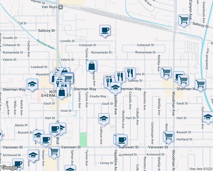 map of restaurants, bars, coffee shops, grocery stores, and more near 7209 North Chestnut Lane in Los Angeles