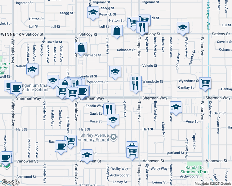 map of restaurants, bars, coffee shops, grocery stores, and more near 19431 Sherman Way in Los Angeles
