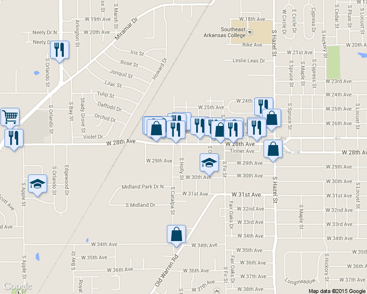 map of restaurants, bars, coffee shops, grocery stores, and more near 2810 West 28th Avenue in Pine Bluff
