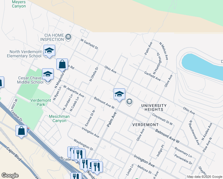 map of restaurants, bars, coffee shops, grocery stores, and more near 6640 North Ridgeline Avenue in San Bernardino