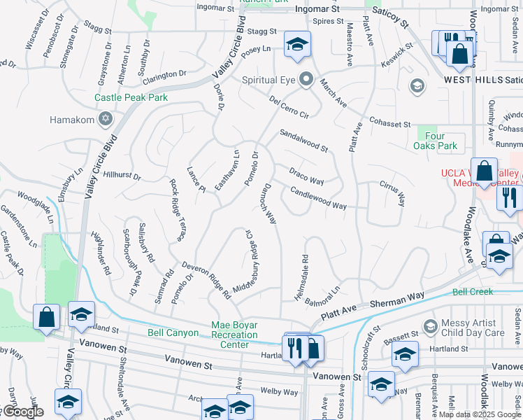 map of restaurants, bars, coffee shops, grocery stores, and more near 23740 Harwich Place in Los Angeles