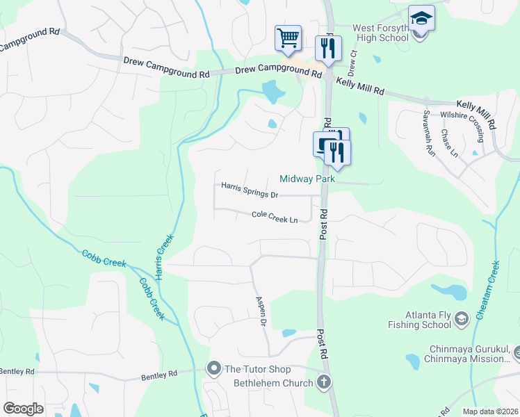 map of restaurants, bars, coffee shops, grocery stores, and more near 5330 Cole Creek Lane in Cumming