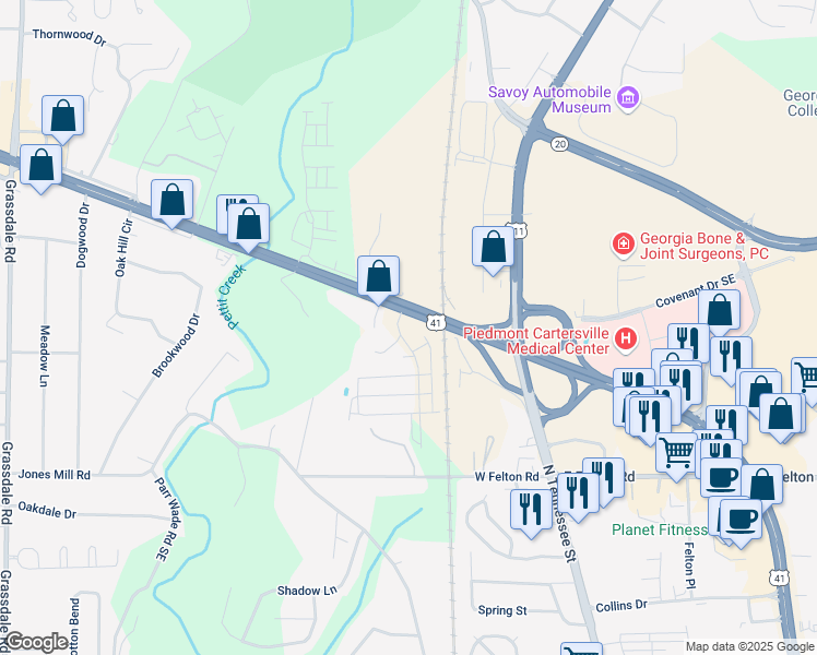 map of restaurants, bars, coffee shops, grocery stores, and more near 11 Parkway Station Drive in Cartersville