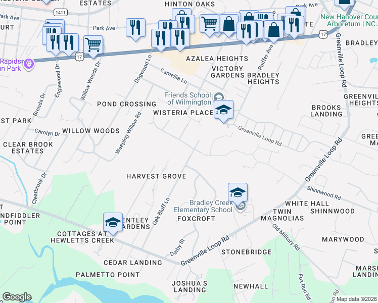 map of restaurants, bars, coffee shops, grocery stores, and more near 5728 Ruxton Way in Wilmington