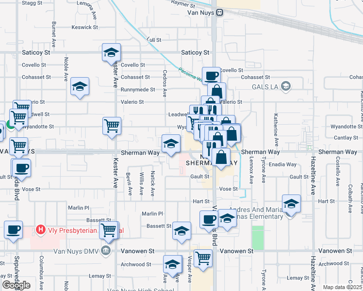 map of restaurants, bars, coffee shops, grocery stores, and more near 14615 Sherman Way in Los Angeles