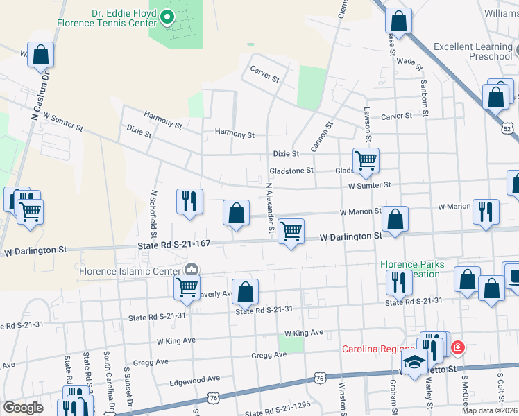 map of restaurants, bars, coffee shops, grocery stores, and more near 1007 West Marion Street in Florence