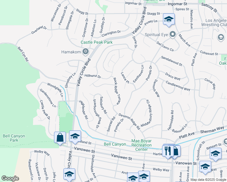 map of restaurants, bars, coffee shops, grocery stores, and more near 7201 Rock Ridge Terrace in Los Angeles