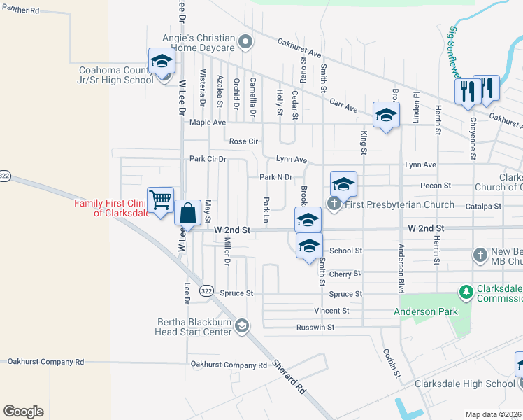 map of restaurants, bars, coffee shops, grocery stores, and more near 1123 Park Lane in Clarksdale
