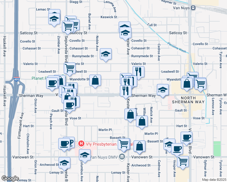 map of restaurants, bars, coffee shops, grocery stores, and more near 7648 Burnet Avenue in Los Angeles