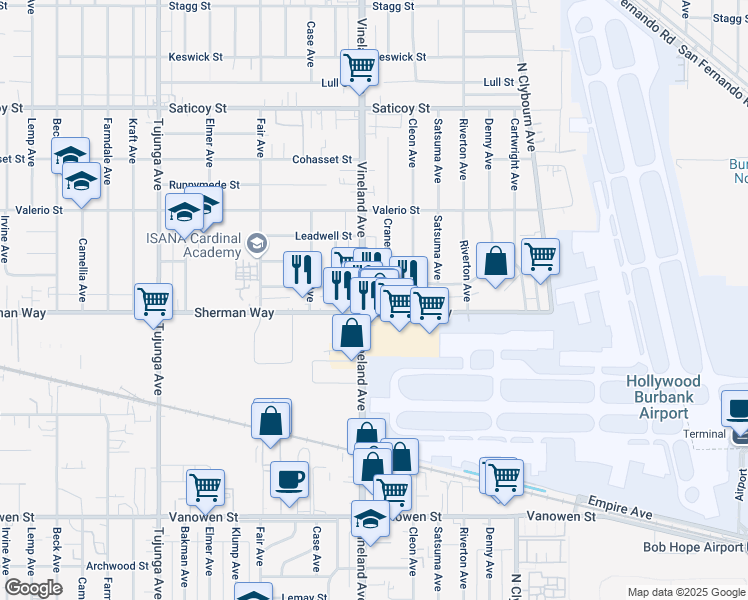 map of restaurants, bars, coffee shops, grocery stores, and more near 7200 Vineland Avenue in Los Angeles