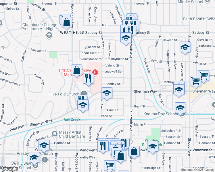map of restaurants, bars, coffee shops, grocery stores, and more near 22940 Cantlay Street in Los Angeles