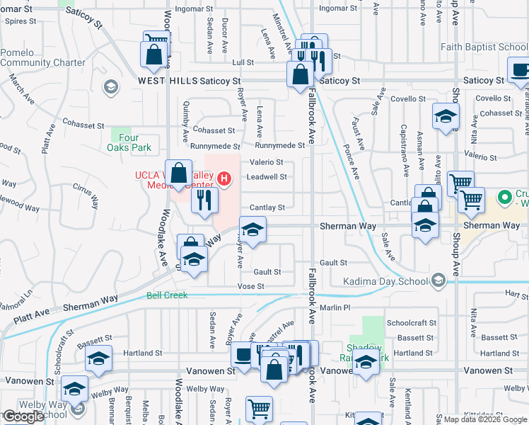 map of restaurants, bars, coffee shops, grocery stores, and more near 22922 Cantlay Street in Los Angeles