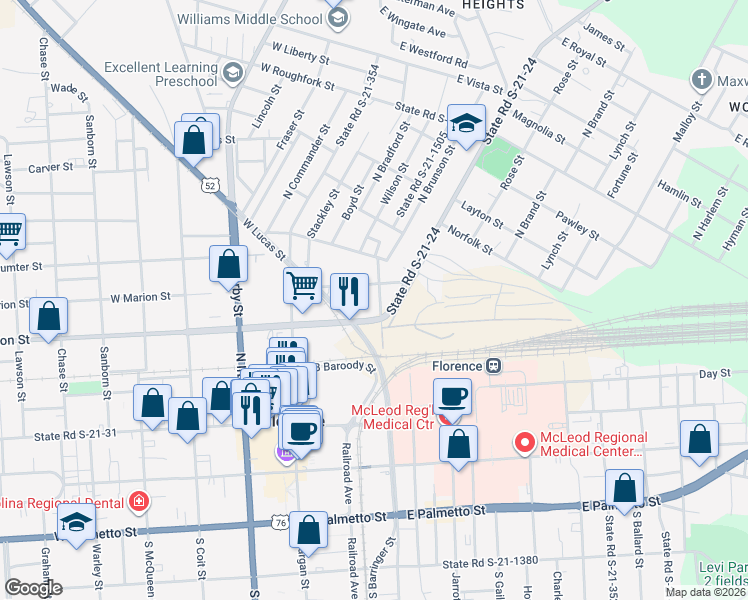 map of restaurants, bars, coffee shops, grocery stores, and more near 329 North Church Street in Florence