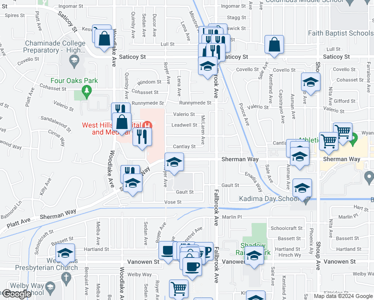 map of restaurants, bars, coffee shops, grocery stores, and more near 22908 Cantlay Street in Los Angeles