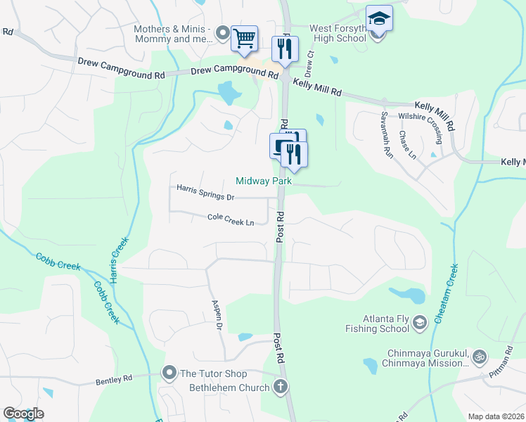 map of restaurants, bars, coffee shops, grocery stores, and more near 5220 Cole Creek Lane in Cumming