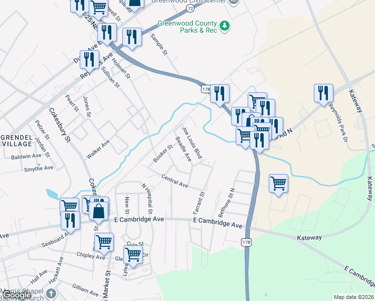 map of restaurants, bars, coffee shops, grocery stores, and more near 221 Beadle Avenue in Greenwood