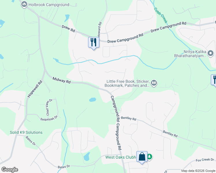 map of restaurants, bars, coffee shops, grocery stores, and more near 7658 Campground Road in Cumming