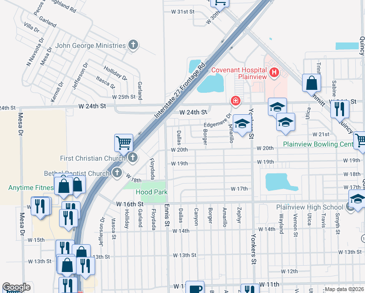 map of restaurants, bars, coffee shops, grocery stores, and more near 3006 West 20th in Plainview