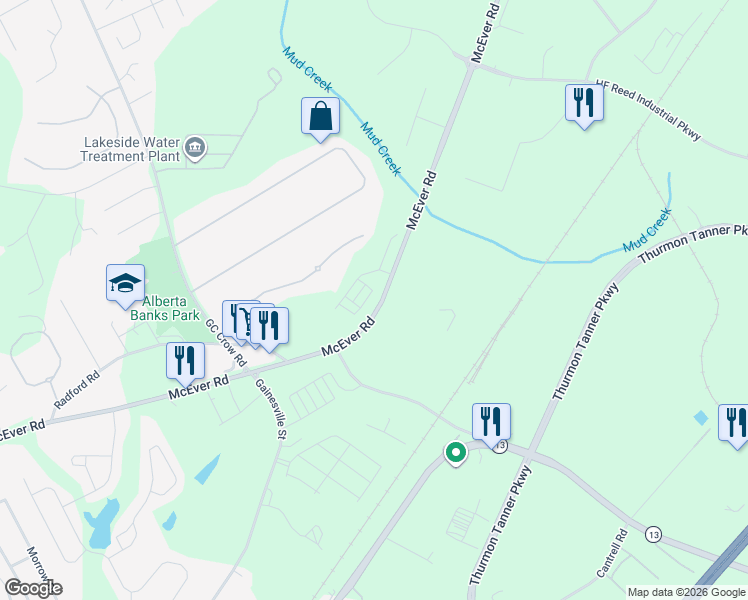 map of restaurants, bars, coffee shops, grocery stores, and more near 5385 McEver Road in Flowery Branch