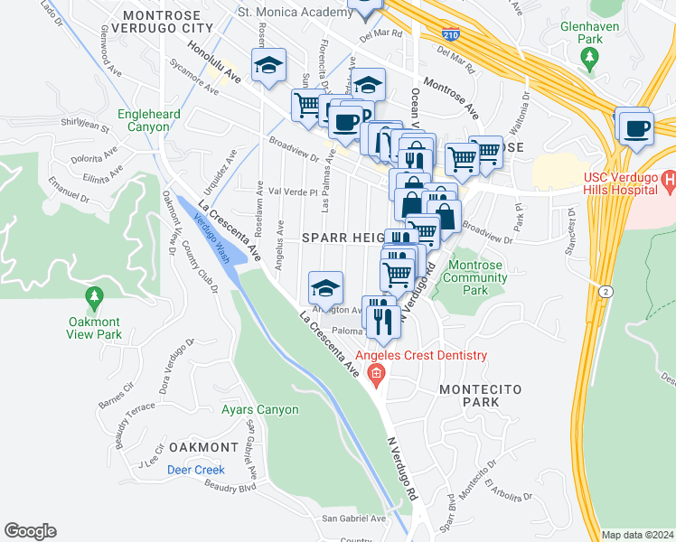 map of restaurants, bars, coffee shops, grocery stores, and more near 3441 Rosemary Avenue in Glendale