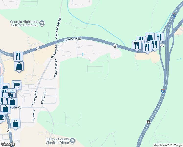 map of restaurants, bars, coffee shops, grocery stores, and more near 727 Shetland Trail in Cartersville
