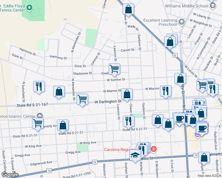 map of restaurants, bars, coffee shops, grocery stores, and more near 709 West Marion Street in Florence