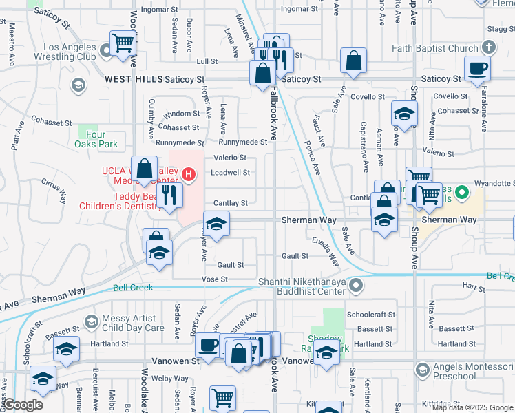 map of restaurants, bars, coffee shops, grocery stores, and more near 22828 Cantlay Street in Los Angeles