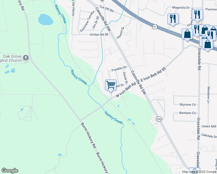 map of restaurants, bars, coffee shops, grocery stores, and more near 121 Chastain Dr. in Cartersville