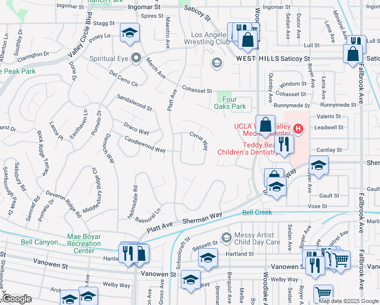 map of restaurants, bars, coffee shops, grocery stores, and more near 7249 Angela Avenue in Los Angeles