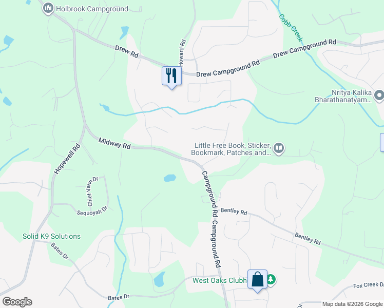 map of restaurants, bars, coffee shops, grocery stores, and more near 7658 Campground Road in Cumming