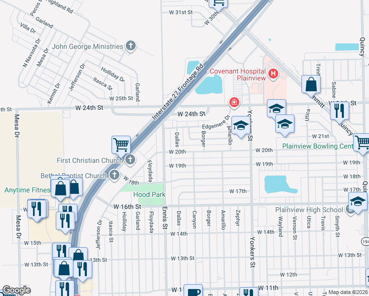 map of restaurants, bars, coffee shops, grocery stores, and more near 3006 West 20th in Plainview