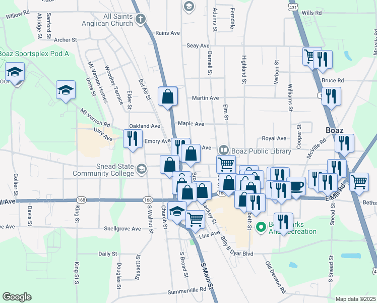 map of restaurants, bars, coffee shops, grocery stores, and more near 316 Brown Street in Boaz