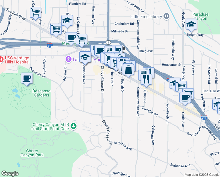 map of restaurants, bars, coffee shops, grocery stores, and more near 4393 Bel Air Drive in La Cañada Flintridge