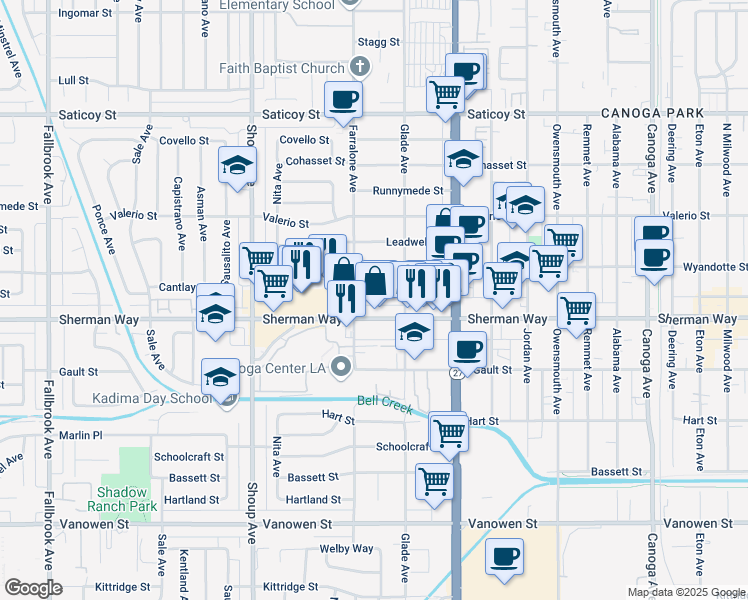map of restaurants, bars, coffee shops, grocery stores, and more near 22139 Sherman Way in Los Angeles