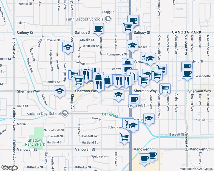 map of restaurants, bars, coffee shops, grocery stores, and more near 22138 Cantlay Street in Los Angeles