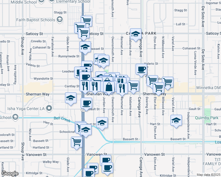map of restaurants, bars, coffee shops, grocery stores, and more near 7227 Owensmouth Avenue in Los Angeles