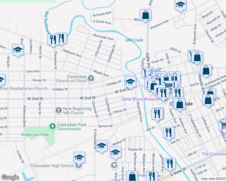 map of restaurants, bars, coffee shops, grocery stores, and more near 163 West 2nd Street in Clarksdale