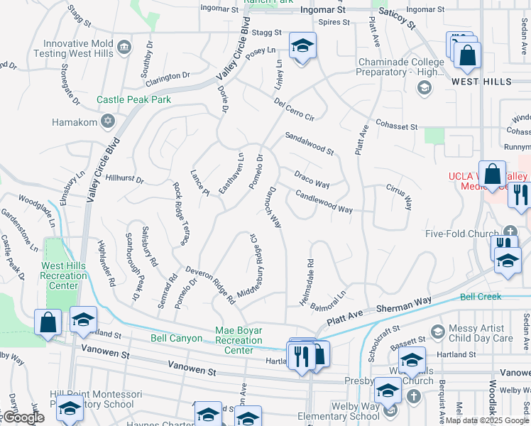 map of restaurants, bars, coffee shops, grocery stores, and more near 23740 Harwich Place in Los Angeles