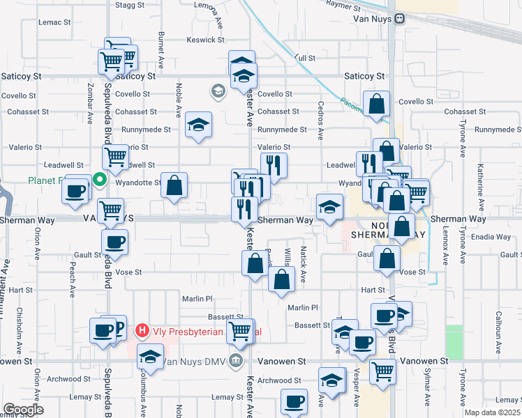 map of restaurants, bars, coffee shops, grocery stores, and more near 14839 Sherman Way in Los Angeles