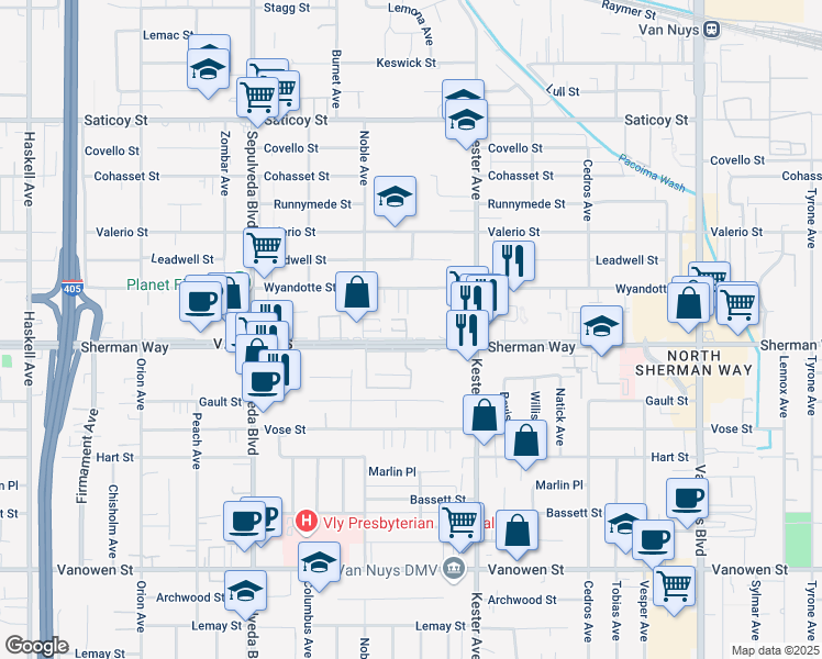 map of restaurants, bars, coffee shops, grocery stores, and more near 15015 Sherman Way in Los Angeles