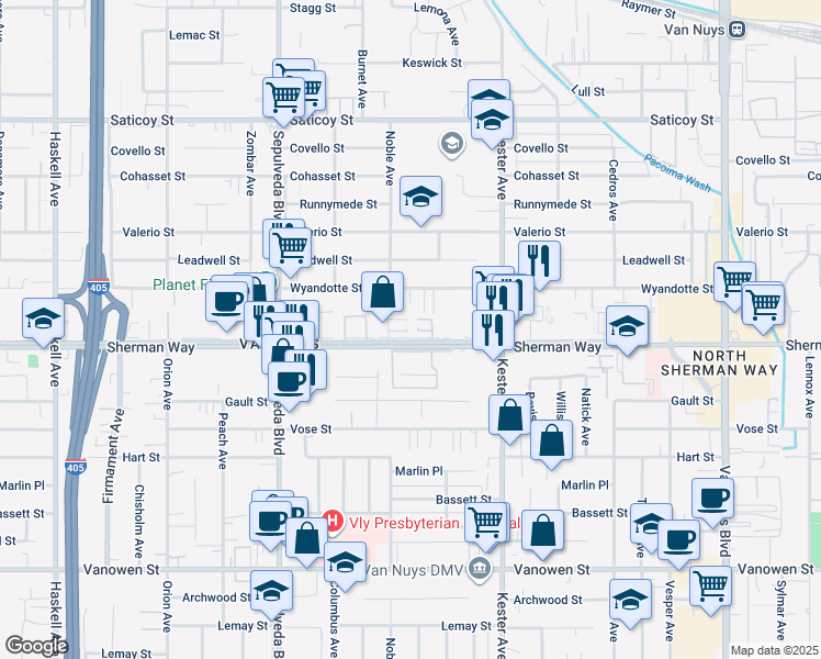 map of restaurants, bars, coffee shops, grocery stores, and more near 15061 Sherman Way in Los Angeles