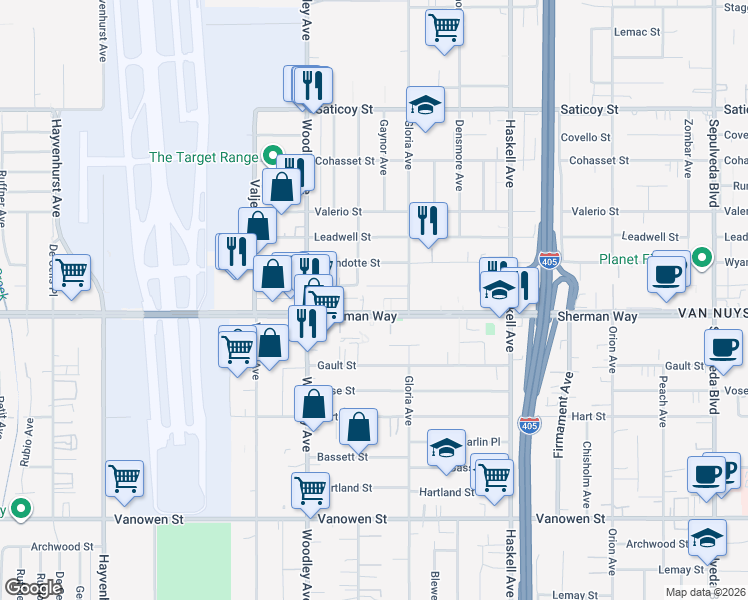 map of restaurants, bars, coffee shops, grocery stores, and more near 15945 Sherman Way in Los Angeles